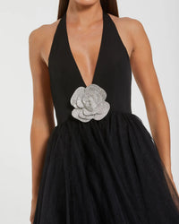 Halter Neck Ballgown with Rhinestone Flower - Black