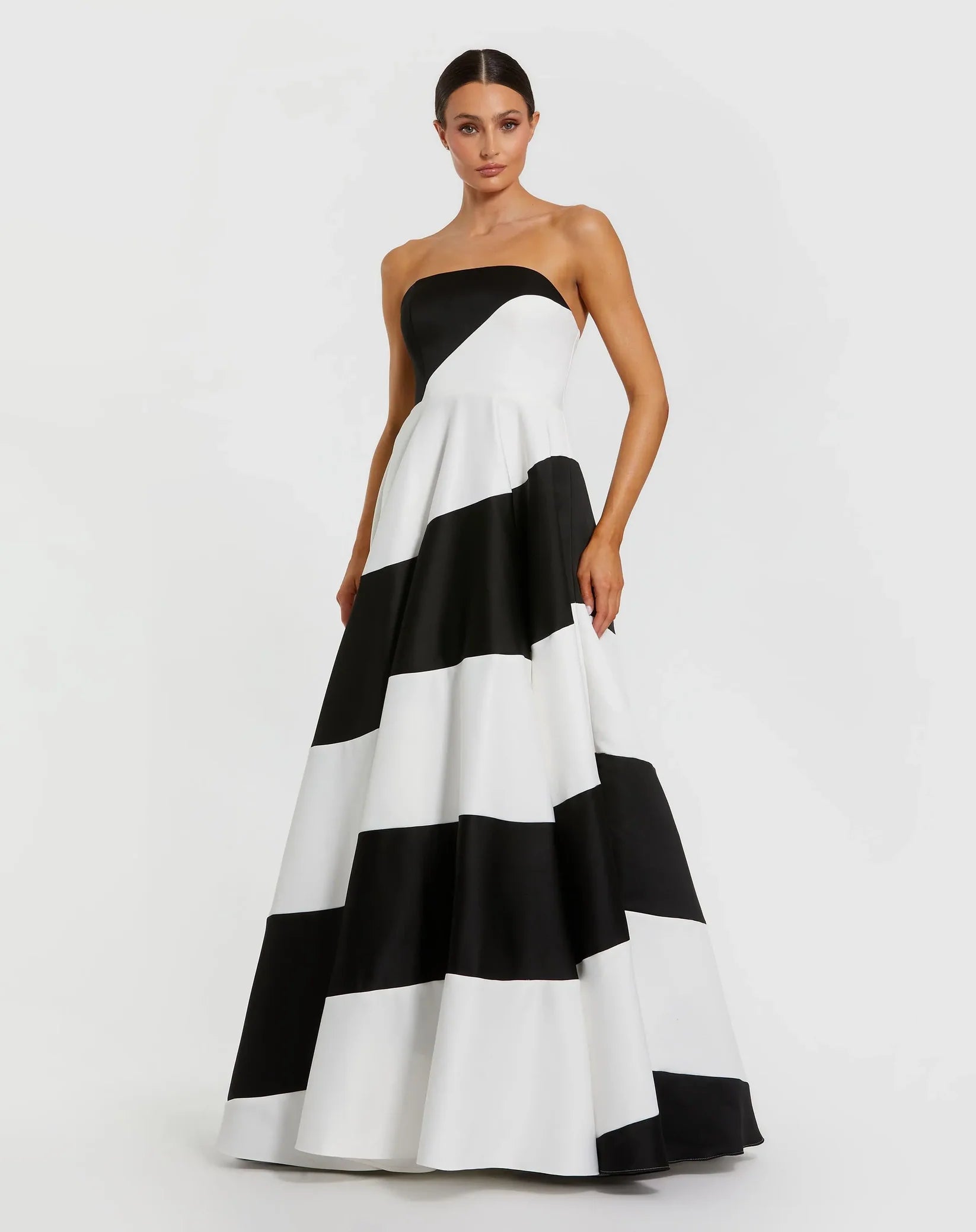 Mac Duggal Black and White Striped Satin Strapless Ball Gown #56190 Monochrome