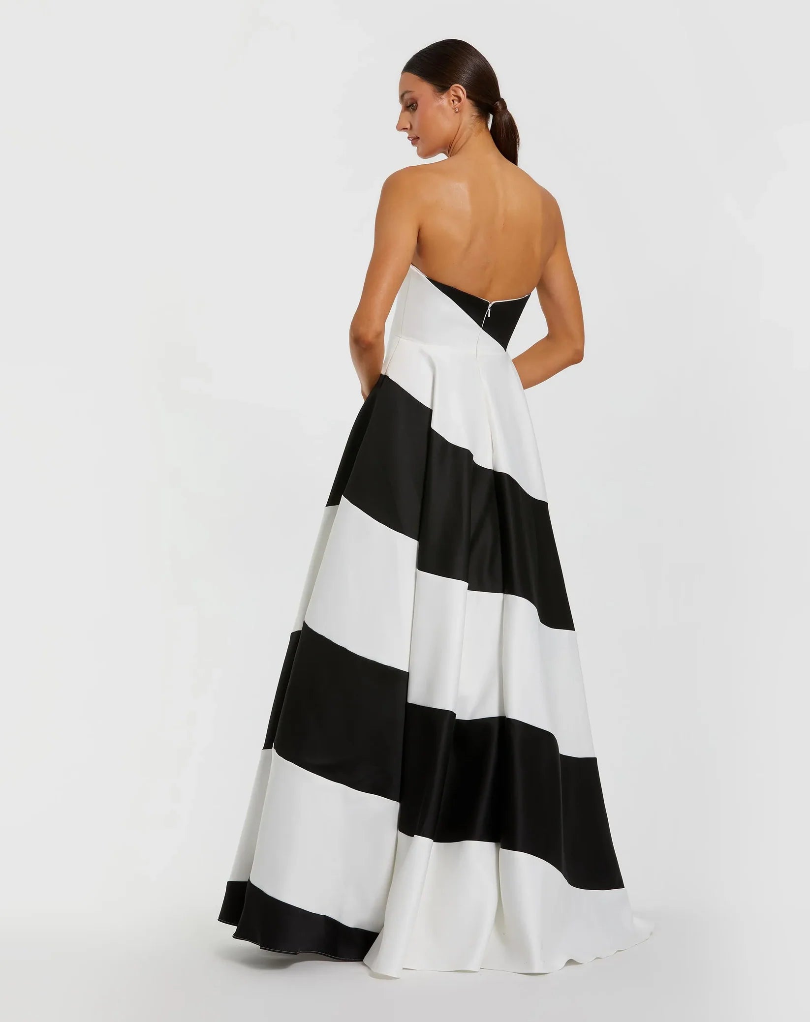 Monochrome Striped Satin Strapless Ball Gown - Black Ivory