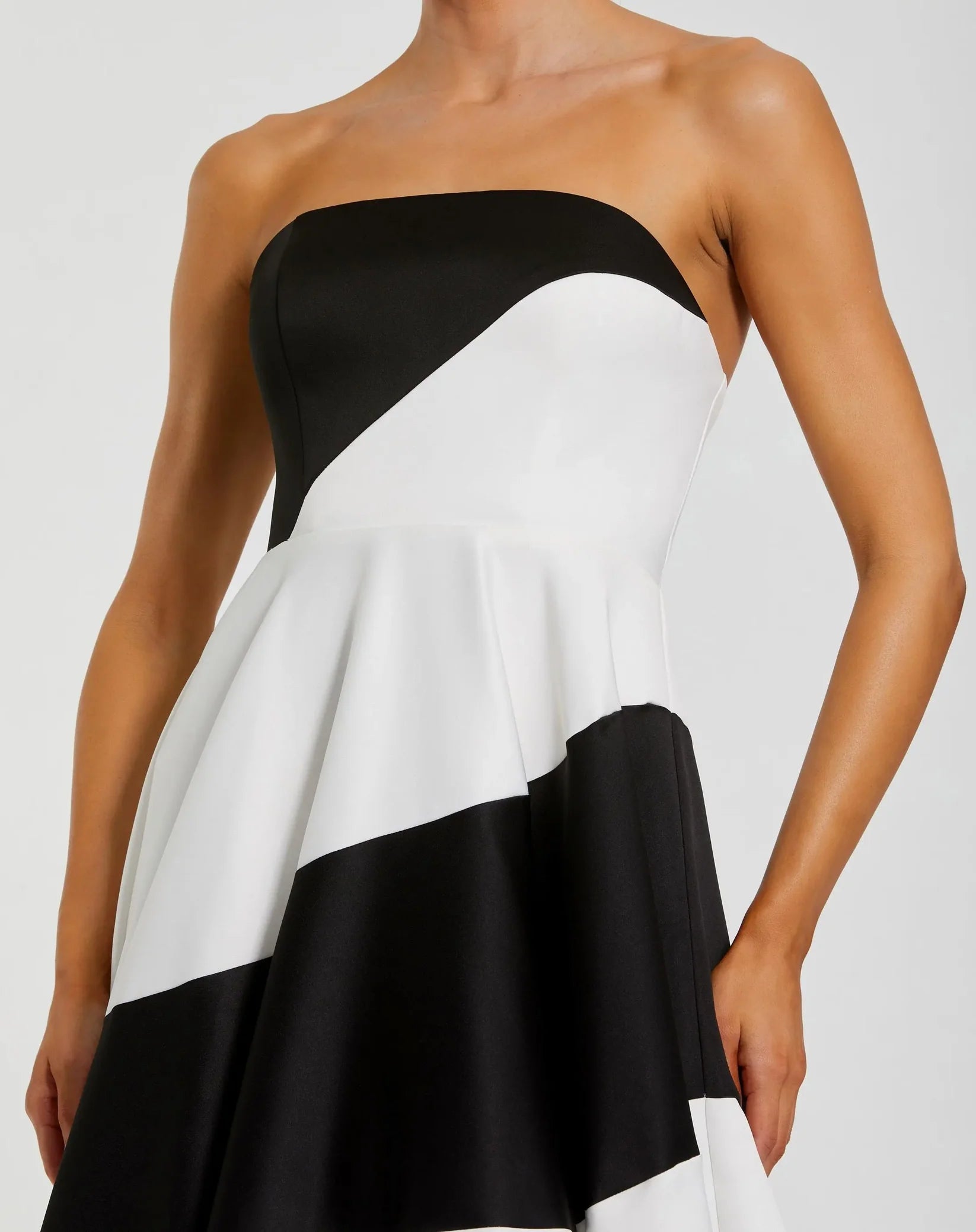 Monochrome Striped Satin Strapless Ball Gown - Black Ivory