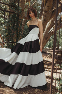 Monochrome Striped Satin Strapless Ball Gown - Black Ivory
