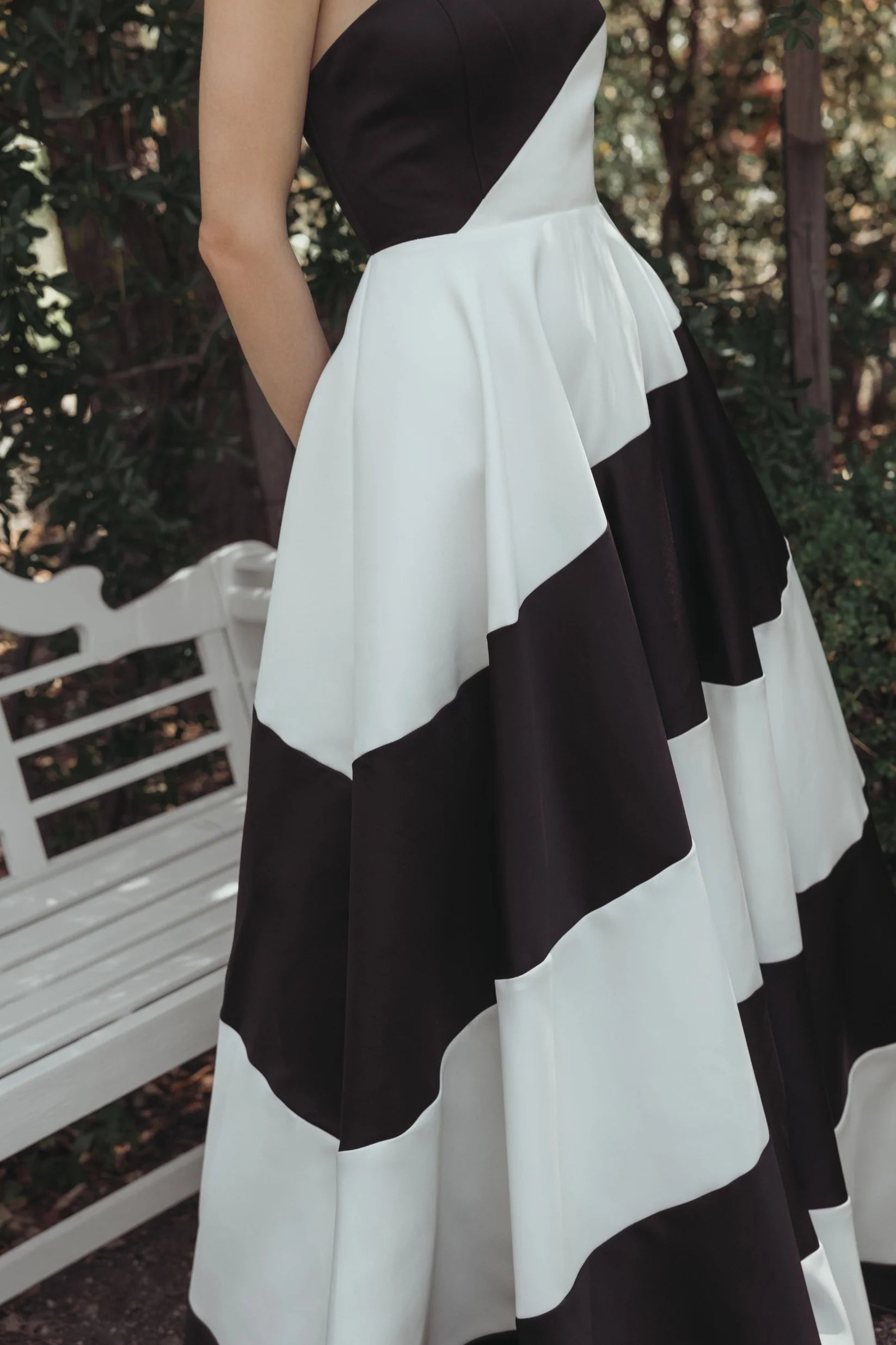 Monochrome Striped Satin Strapless Ball Gown - Black Ivory