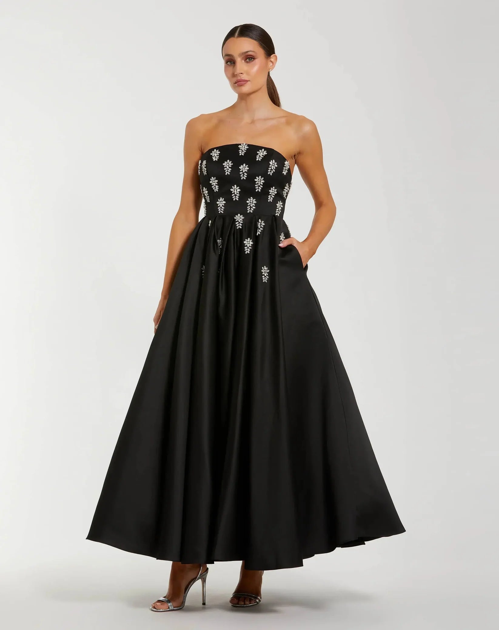 Mac Duggal Crystal Embellished Strapless Satin A-Line Dress #56199 Black
