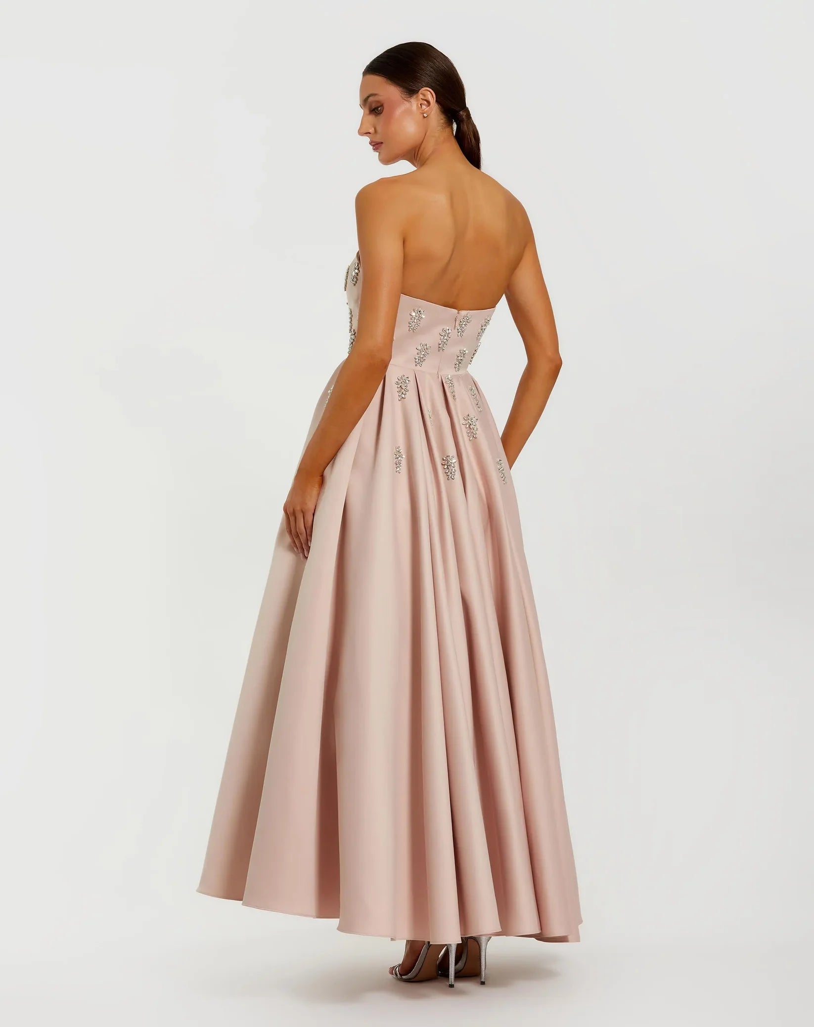 Crystal Embellished Strapless Satin A-Line Dress - Pink