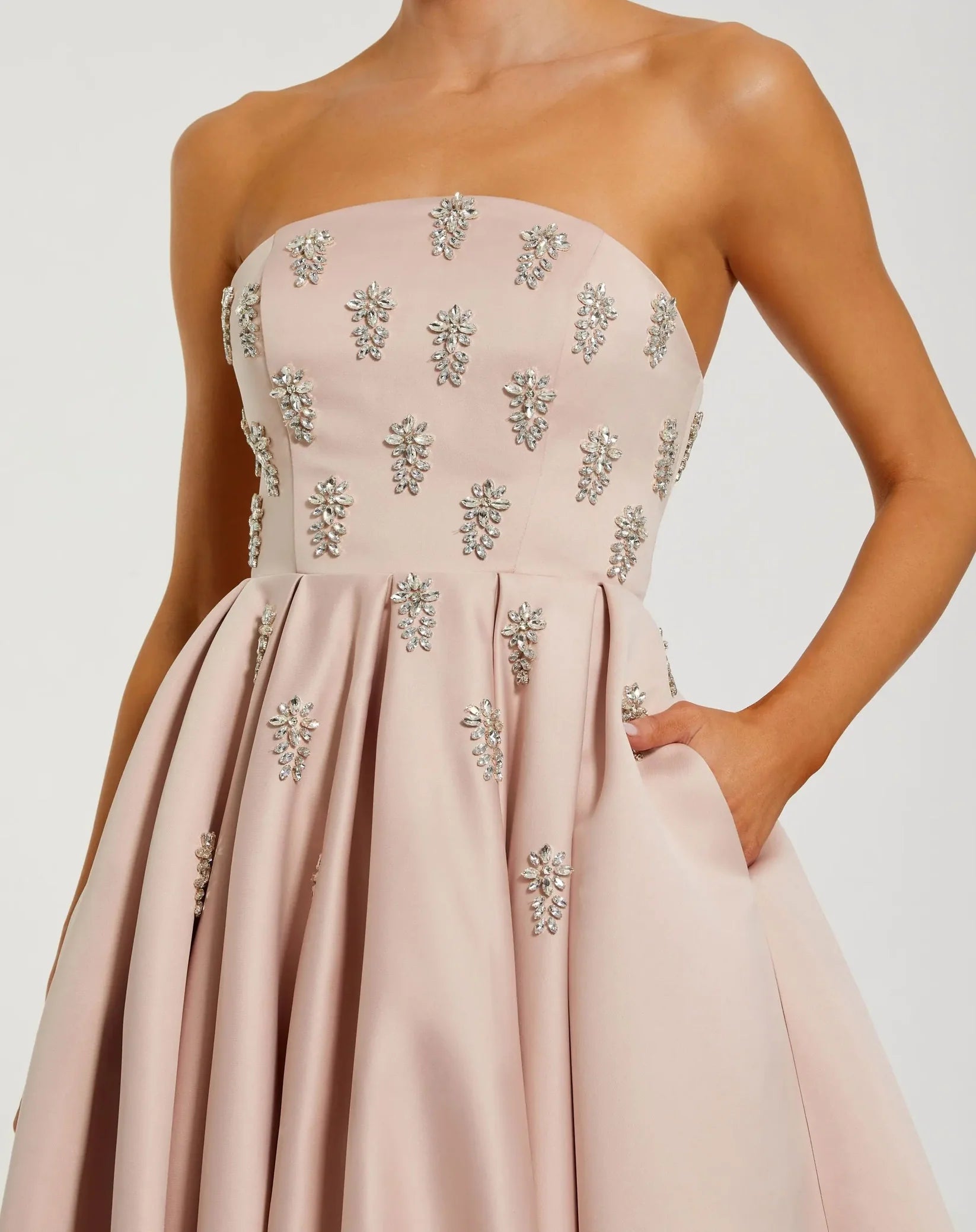 Crystal Embellished Strapless Satin A-Line Dress - Pink