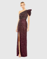 Mac Duggal Dark Purple puff sleeve sequin asymmetric evening dress! #5622