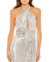 Mac Duggal Style #5650 Embellished keyhole halter strap draped gown - Silver close up