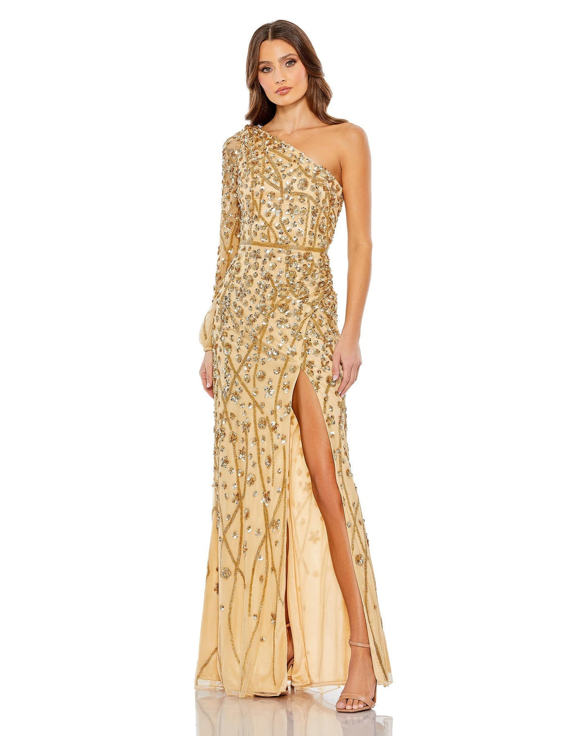 mac duggal, EMBELLISHED ONE SLEEVE FAUX WRAP GOWN, Style #5659, gold