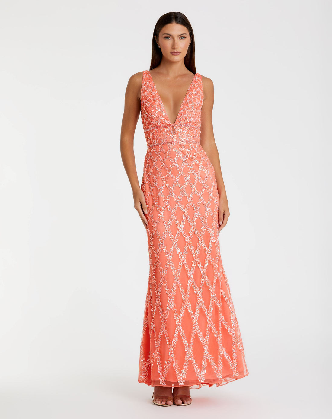 Sequin plunge neck sleeveless column gown - Coral