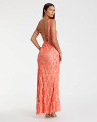 Sequin plunge neck sleeveless column gown - Coral