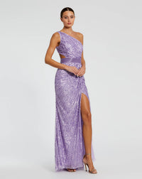 Mac Duggal #5687 Green Sequined One Shoulder Draped Lace Up Gown Lilac
