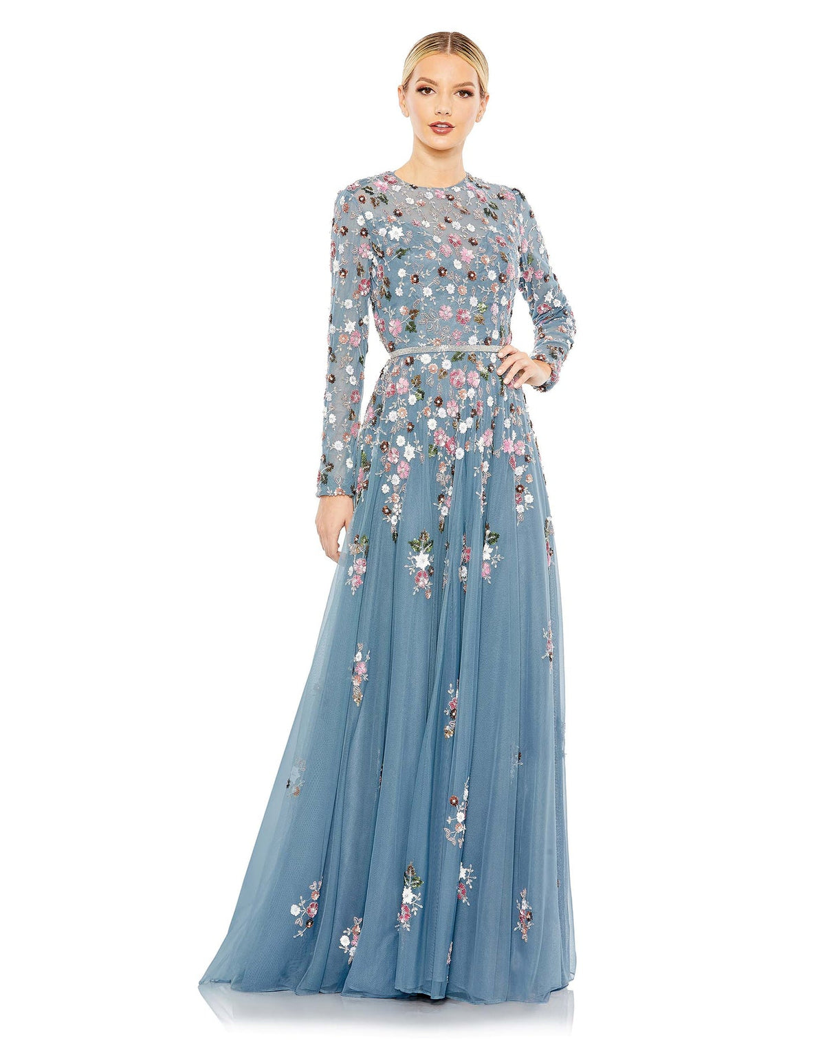 MAC DUGGAL, SEQUINED FLORAL LONG SLEEVE HIGH NECK GOWN, Style #5721