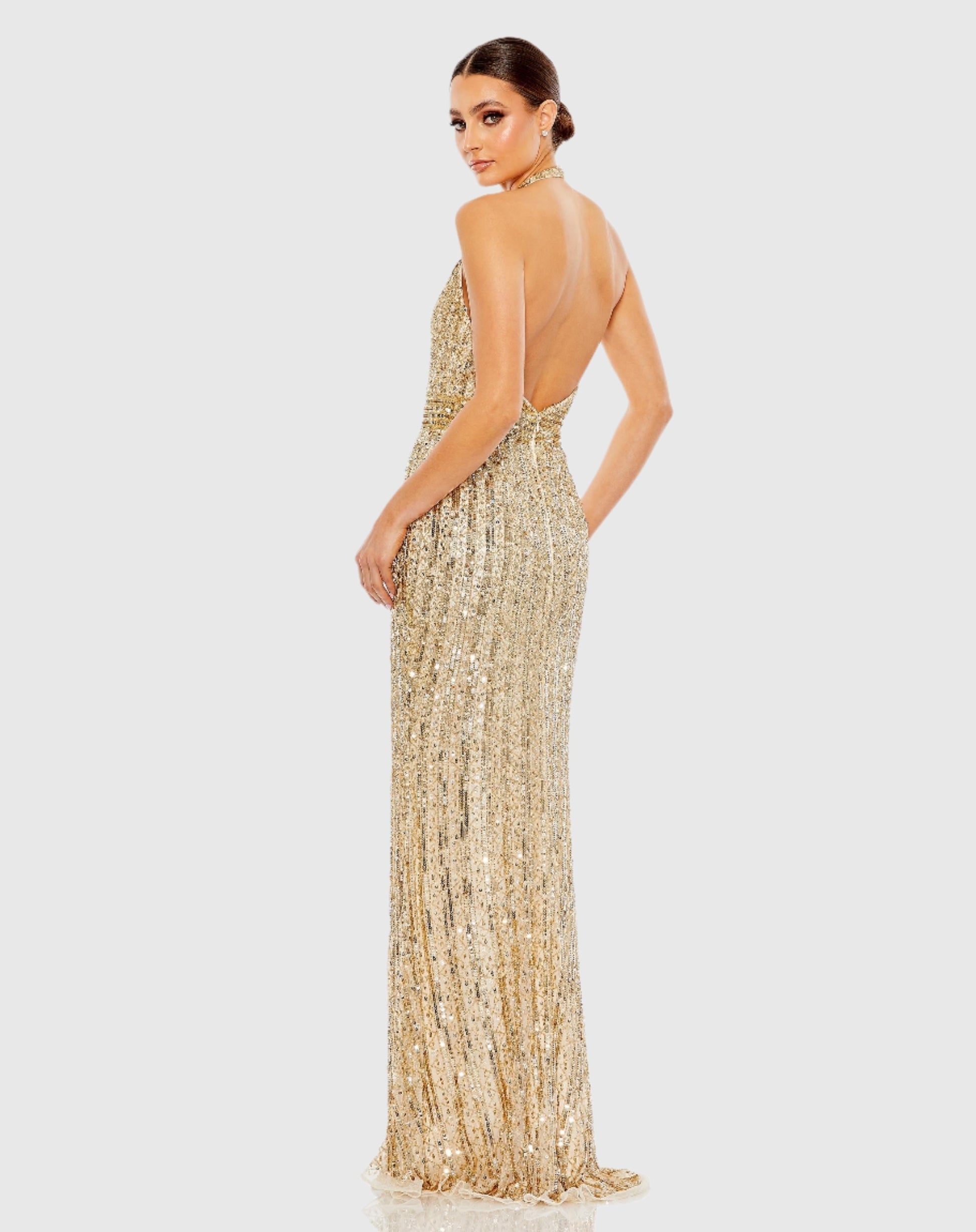 Sequined Halter Strap Trumpet Gown - Gold