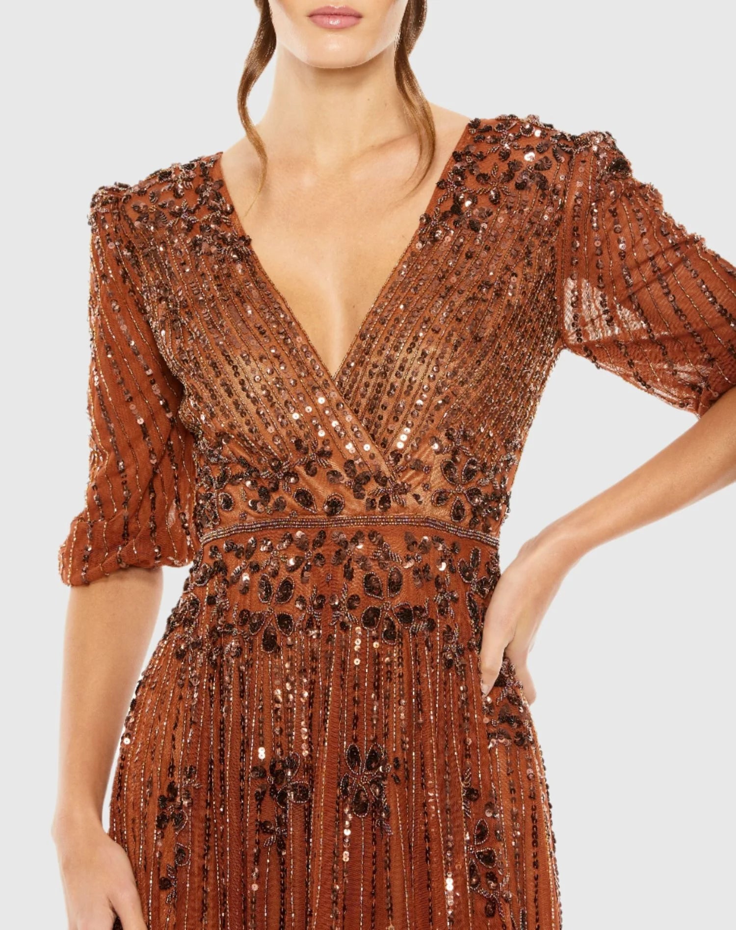 Puff Quarter Length Sleeve V-Neck Dress - Cinnamon