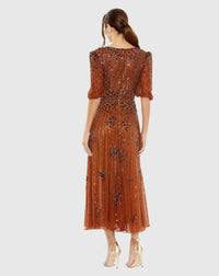 Puff Quarter Length Sleeve V-Neck Dress - Cinnamon