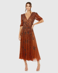 Mac Duggal Gray Puff Quarter Length Sleeve V-Neck Dress #5995 Cinnamon