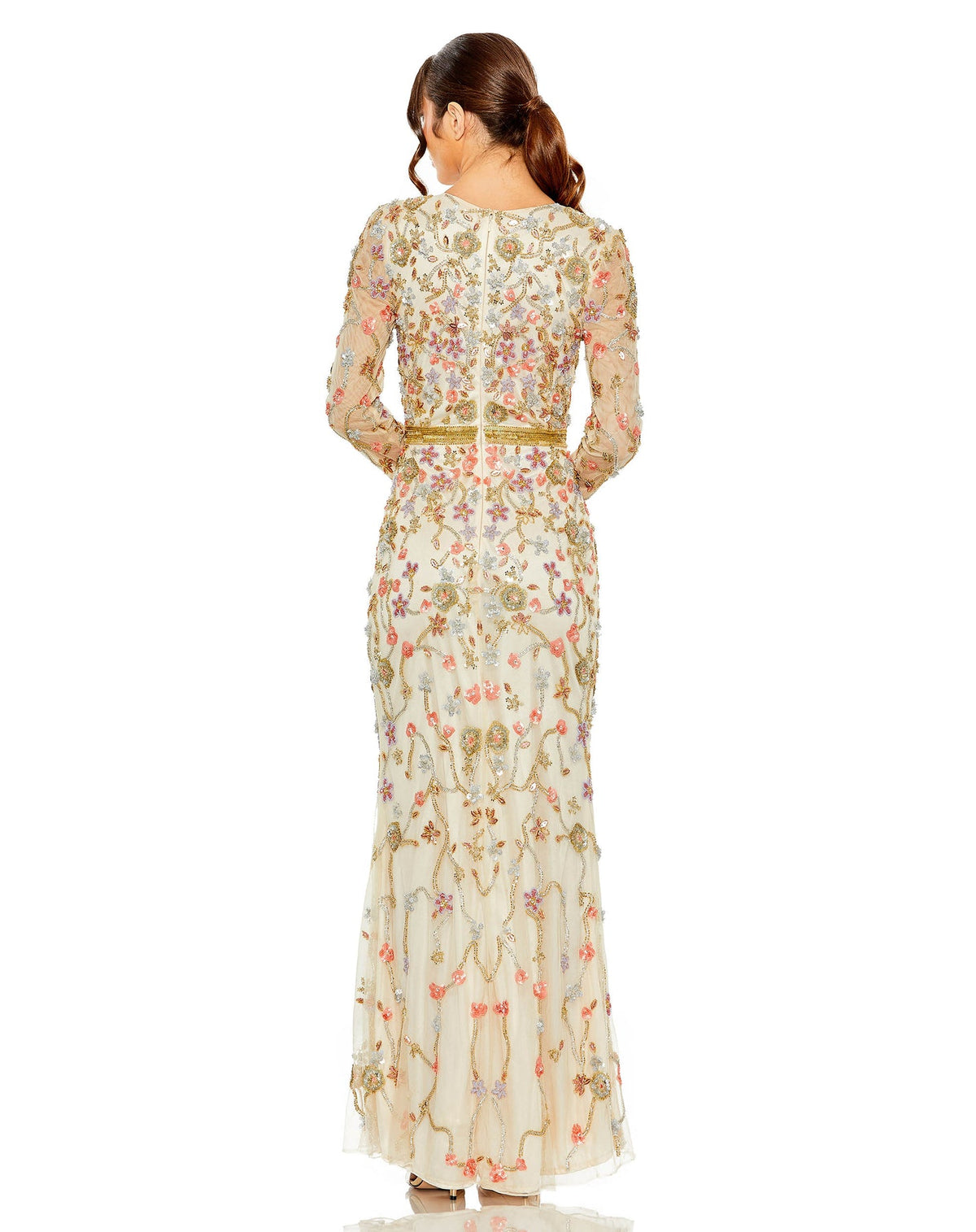 Long sleeve floral crystal embellished modest gown - Nude back view