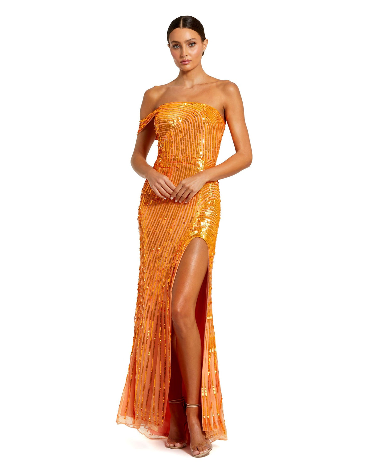 Asymmetric one shoulder mesh sequin gown with split - Orange