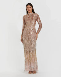 Long Sleeve Fringe Embellished Column Gown - Gold Silver