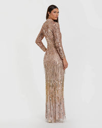 Long Sleeve Fringe Embellished Column Gown - Gold Silver
