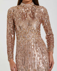Long Sleeve Fringe Embellished Column Gown - Gold Silver