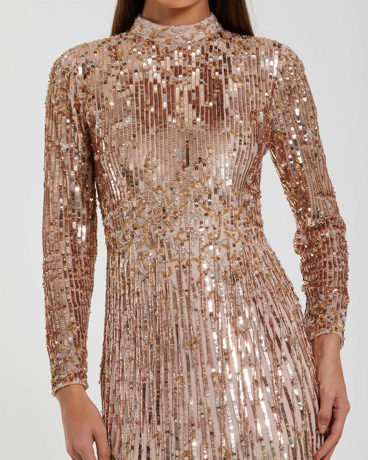 Long Sleeve Fringe Embellished Column Gown - Gold Silver