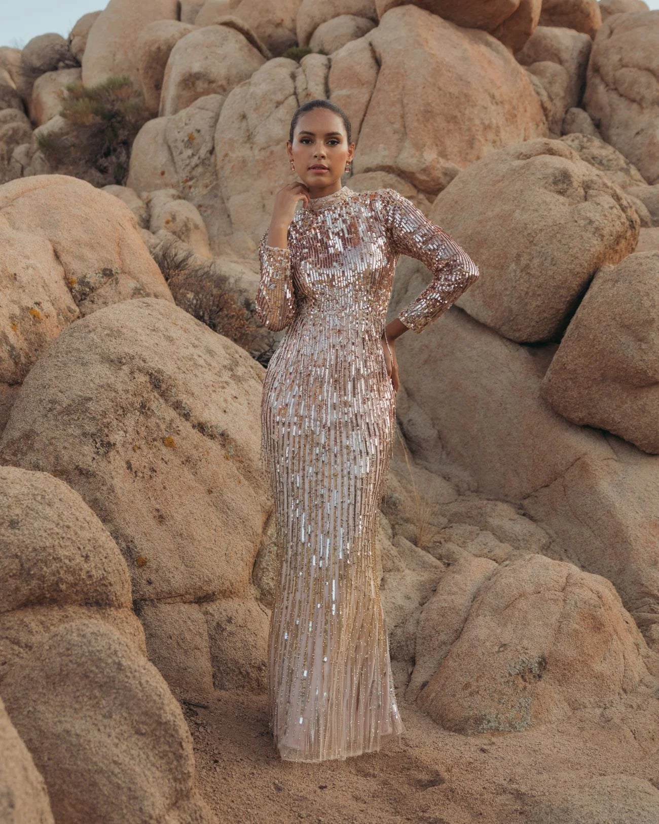Long Sleeve Fringe Embellished Column Gown - Gold Silver