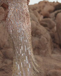 Long Sleeve Fringe Embellished Column Gown - Gold Silver