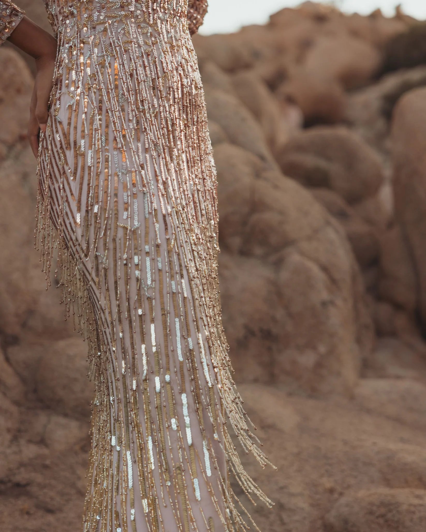 Long Sleeve Fringe Embellished Column Gown - Gold Silver