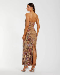 Floral Embellished Strapless Column Dress - Gold