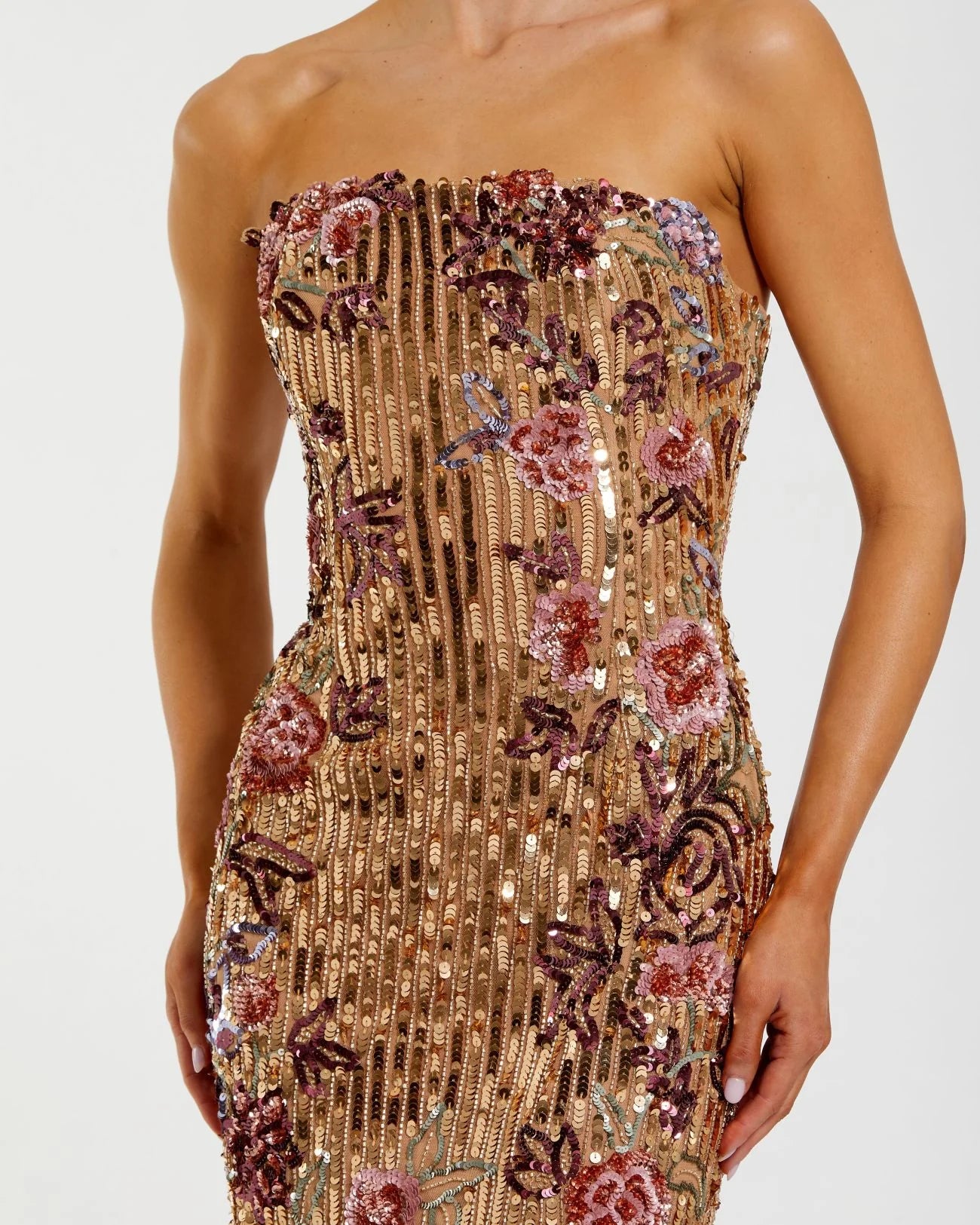 Floral Embellished Strapless Column Dress - Gold