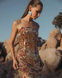 Mac Duggal Gold Floral Embellished Strapless Column Dress Gold #6193