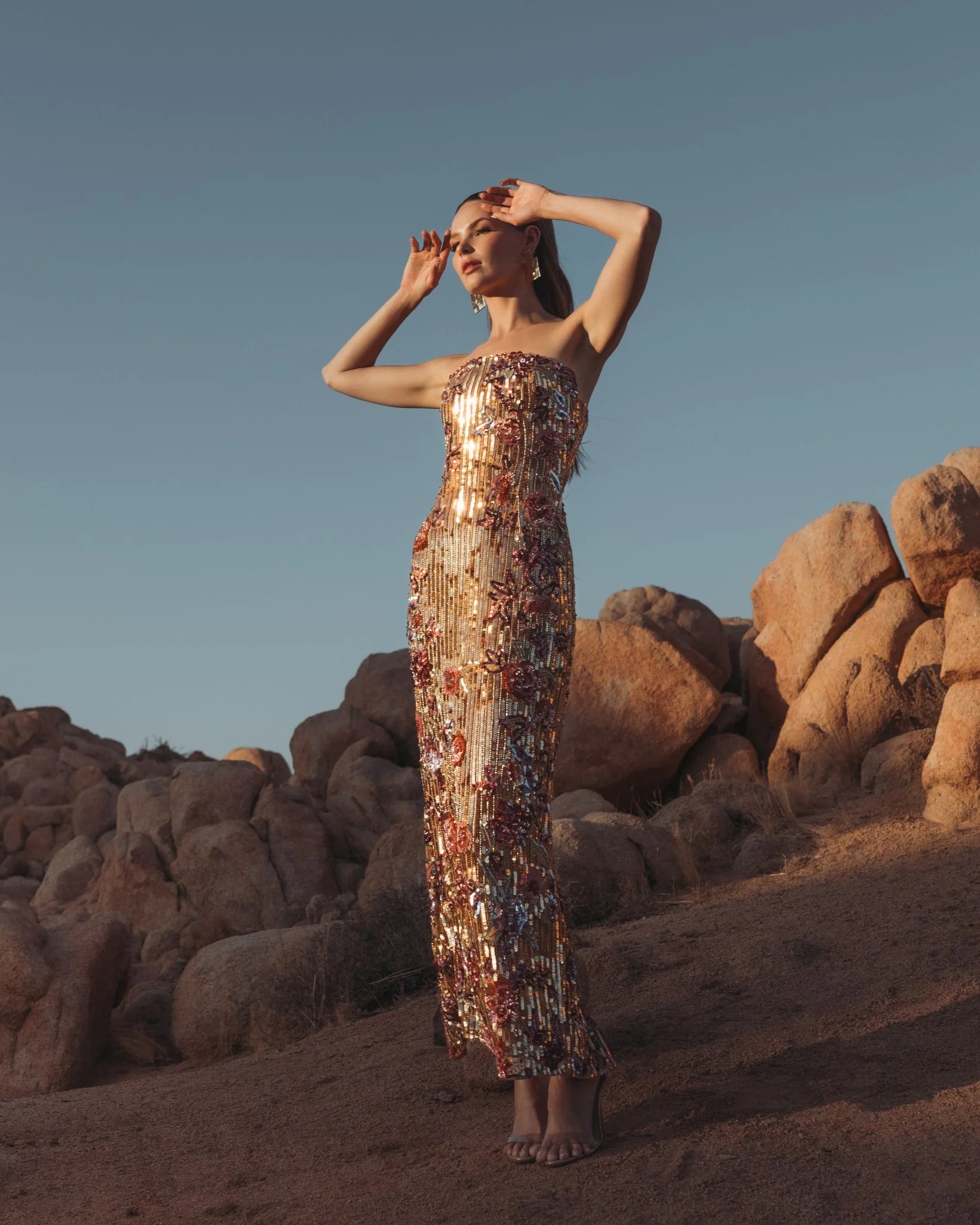 Floral Embellished Strapless Column Dress - Gold