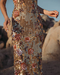 Floral Embellished Strapless Column Dress - Gold