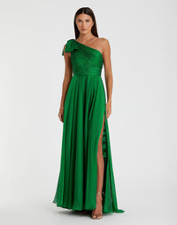 Mac Duggal, Pleated One Shoulder Chiffon Gown #67476 Emerald Green