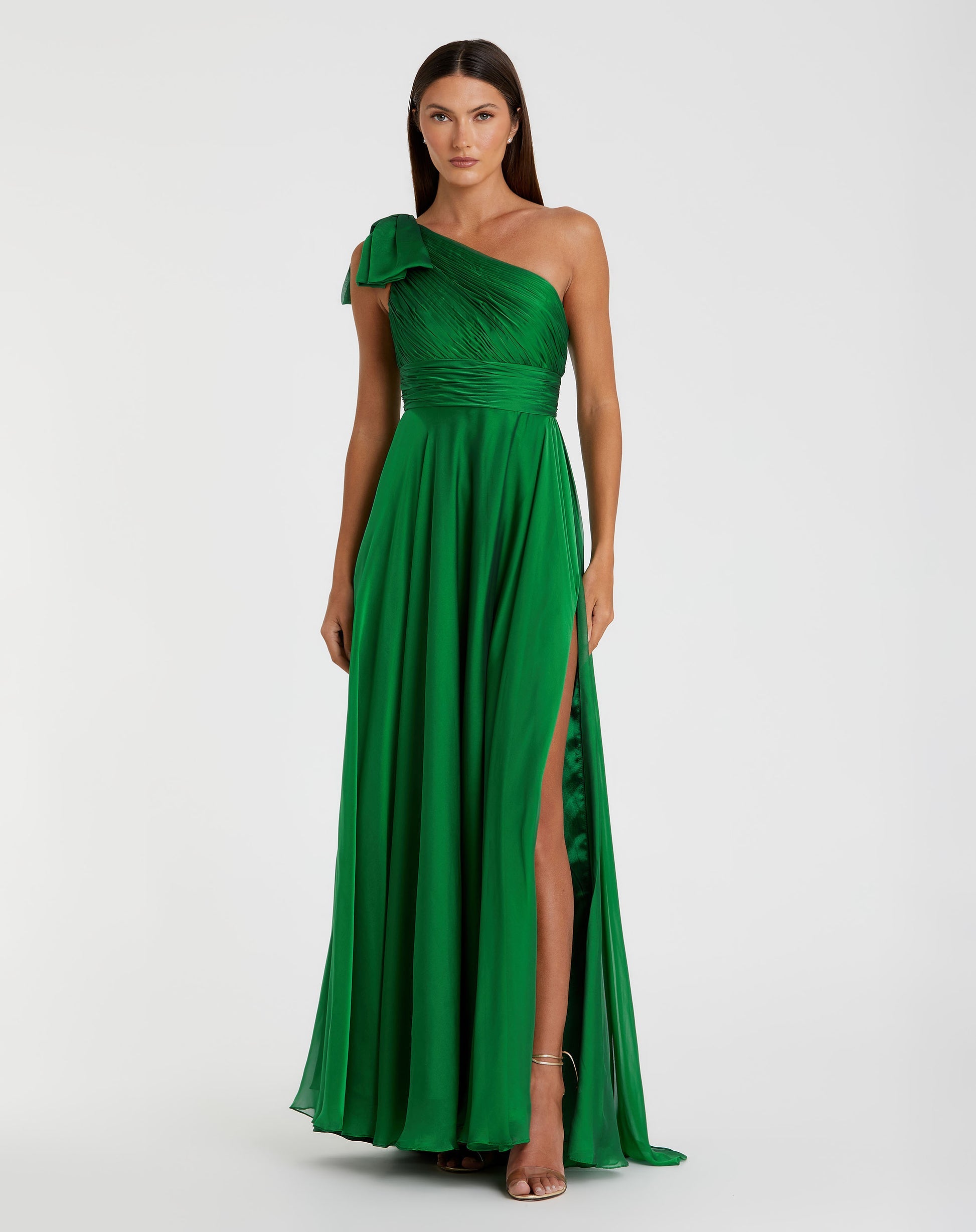 Mac Duggal, Pleated One Shoulder Chiffon Gown #67476 Emerald Green