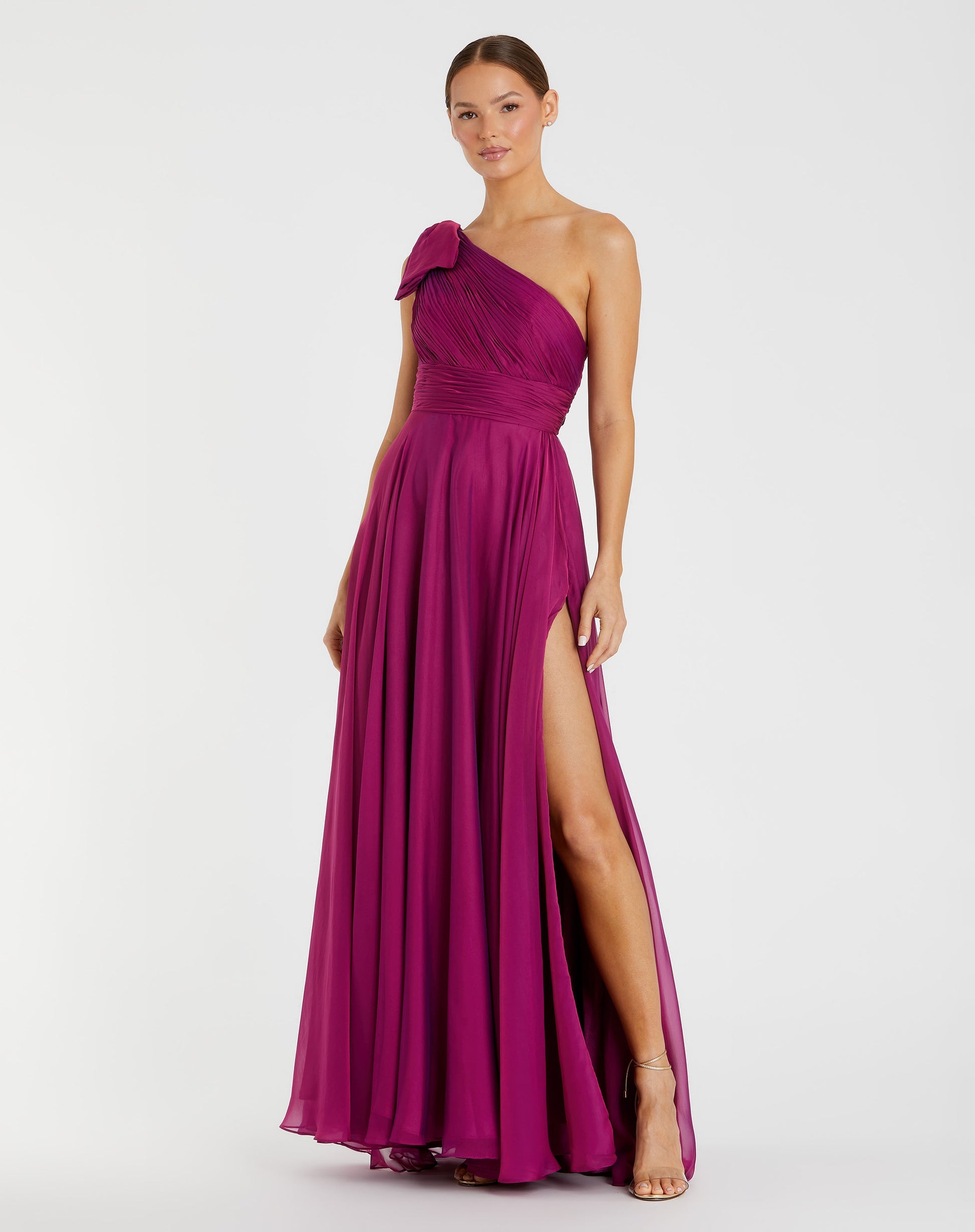 Mac Duggal, Pleated One Shoulder Chiffon Gown #67476 Berry Pink
