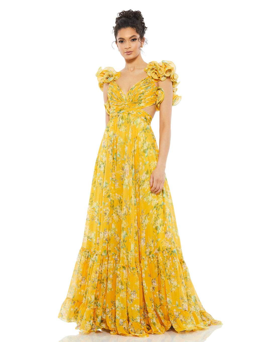 mac duggal Ruffle tiered floral cut-out chiffon gown - Lemon Yellow maxi dress 67803