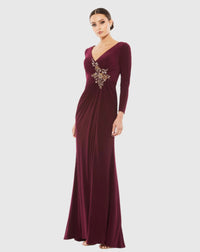 Mac Duggal Faux Wrap Long Sleeve Gown w/ Appliqué Detail #67848 Berry