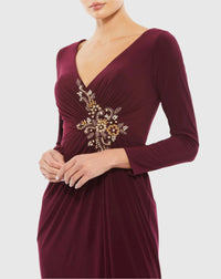 Faux Wrap Long Sleeve Gown w/ Appliqué Detail - Berry