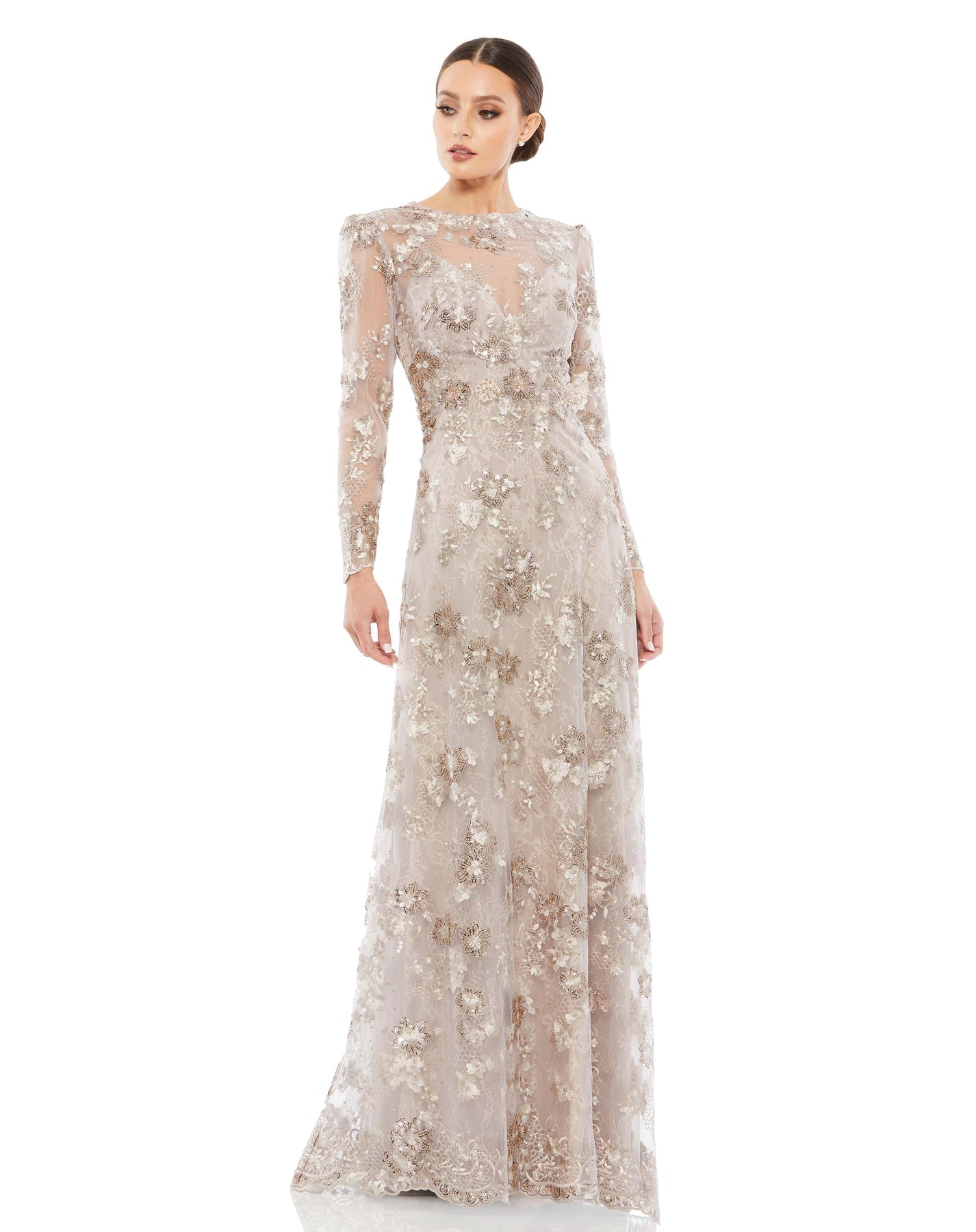 Mac Duggal Style #67875 Floral embroidered illusion long sleeve gown - Mocha
