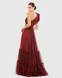 Organza one-shoulder pleated gown - Wine