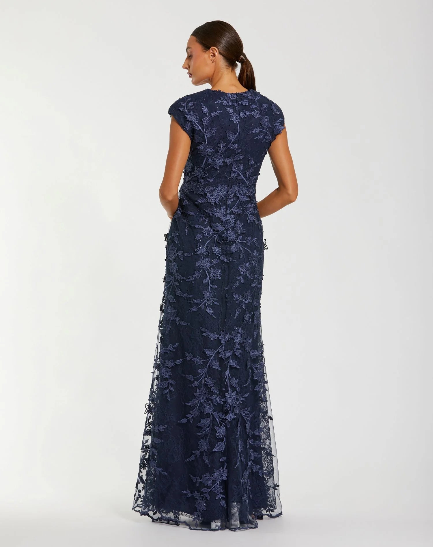 Faux Wrap Embroidered Cap Sleeve Gown - Navy