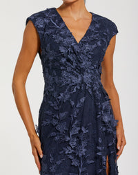 Faux Wrap Embroidered Cap Sleeve Gown - Navy