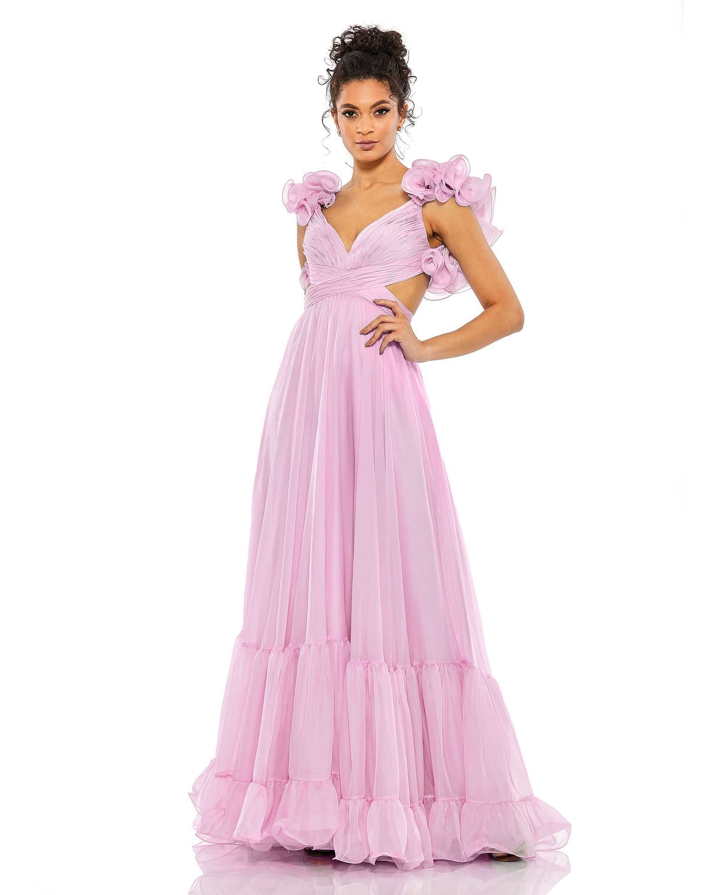Ruffle tiered floral cut-out chiffon gown - Hot Pink