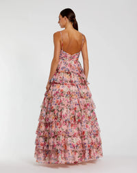Floral Cut Out Ruffle Tiered Gown - Pink Multi