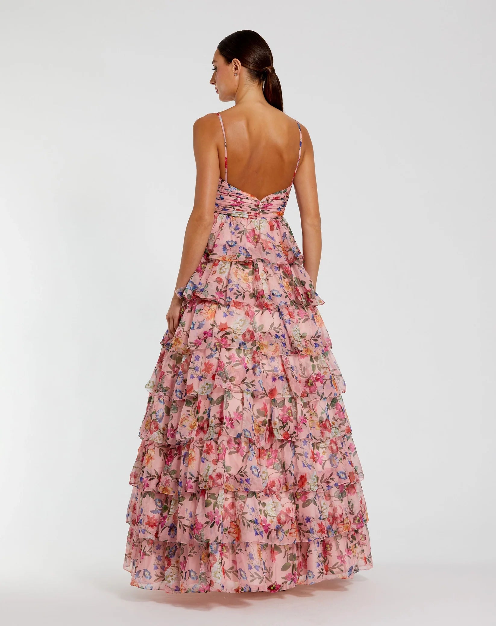 Floral Cut Out Ruffle Tiered Gown - Pink Multi