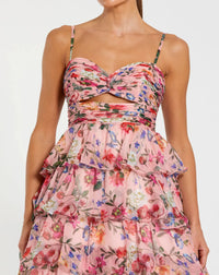 Floral Cut Out Ruffle Tiered Gown - Pink Multi