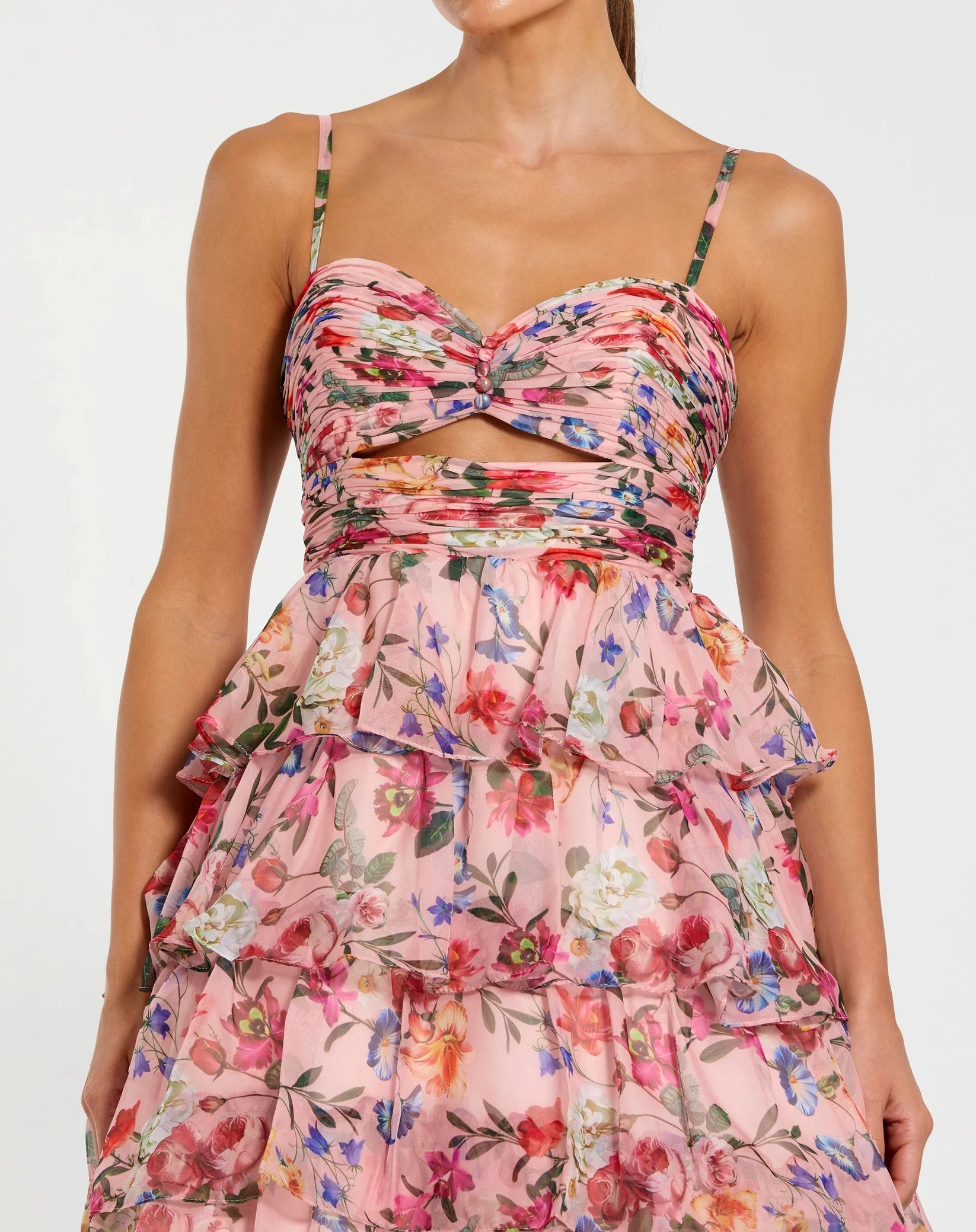 Floral Cut Out Ruffle Tiered Gown - Pink Multi