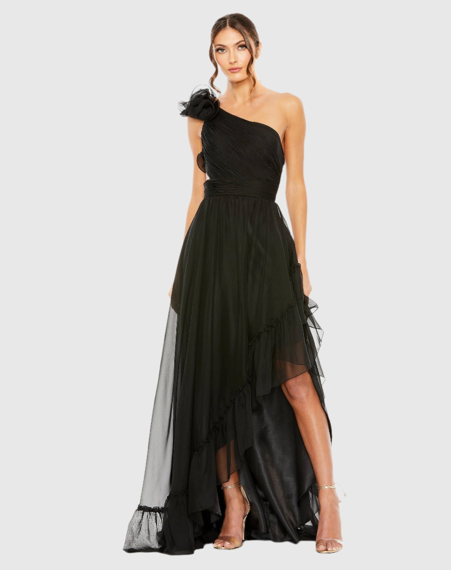 Mac Duggal Ruffled One Shoulder Asymmetrical Gown #67989 Black